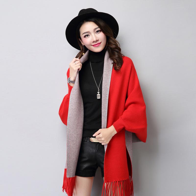 

Muffler Autumn Winter Thick Knitted Cardigan Tassel Reversible Aritifical Cashmere Coat Bat Sleeve Sweater Women's Cape Echarpes