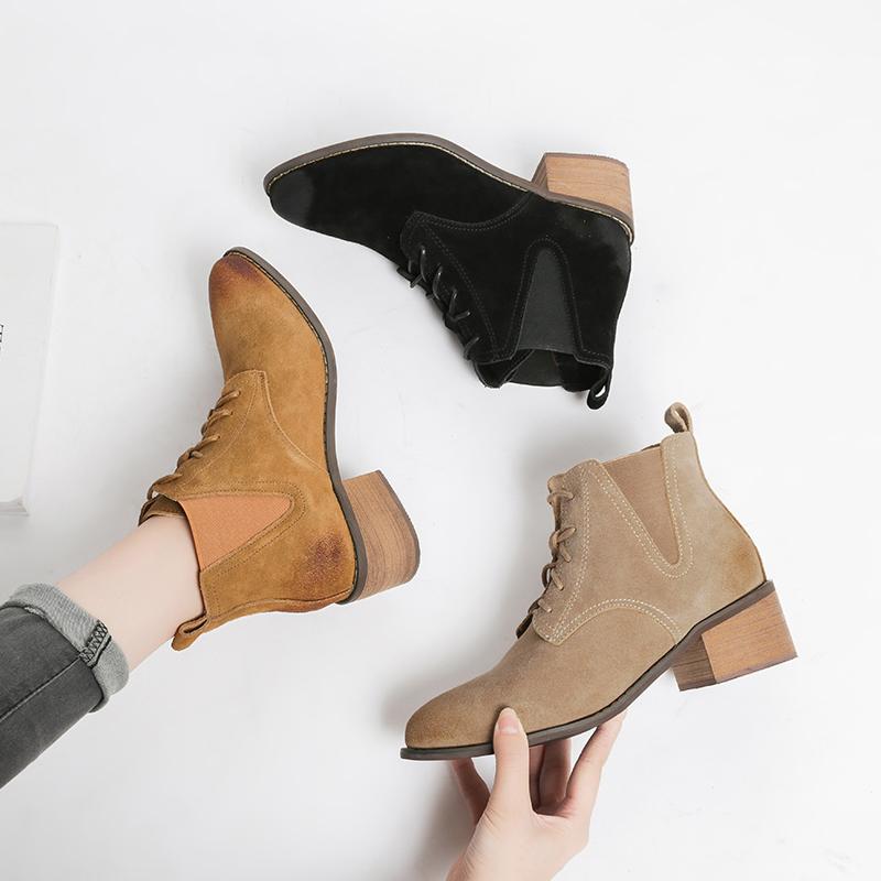 

Spring Women's Shoes Female Fashion Boots British Style Retro Pointed Toe Cow Suede Thick Heels Ankle Boots 2 Style Lining, Brown b lining