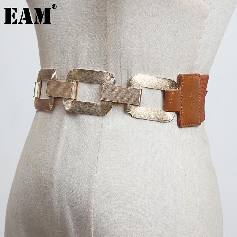 

[EAM] Pu Leather Metal Buckle Split Joint Wide Belt Personality Women New Fashion Tide All-match Spring Autumn 2021 1DB823, Black