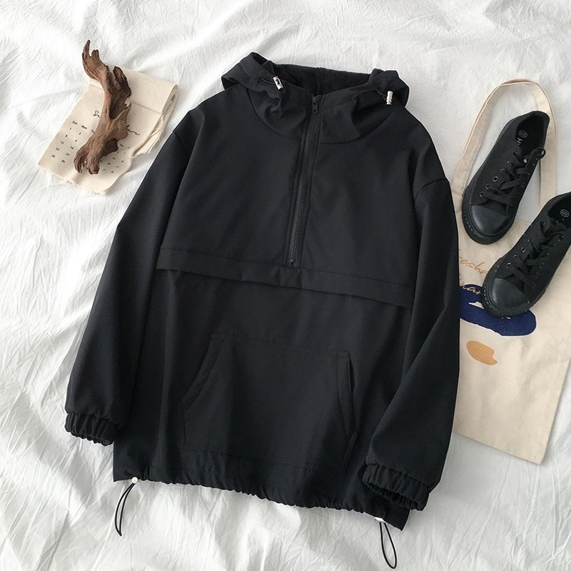 

Harajuku Safari Style Thickening Loose Jacket Women Casual Black Hooded Zipper Fly Warm Pullover Female Straight Coton Tops 201106