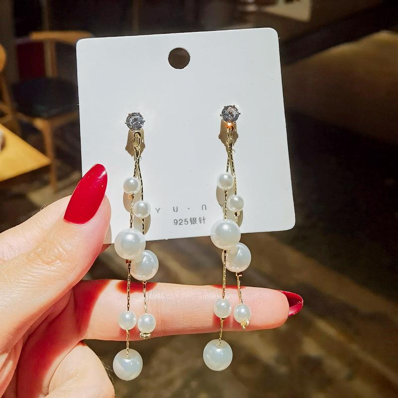 

New 2021 popular women's long tassel simulation pearl pendant earrings ladies wedding chain temperament sweet earrings Jewelry