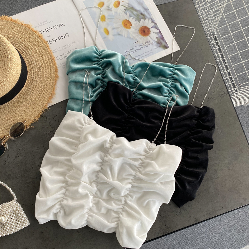 

2021 New Female singiny strapped tank top elastic design solid ruched thin off the shoulder fashion sweater summer streetwear y2k tops RK3I, Black