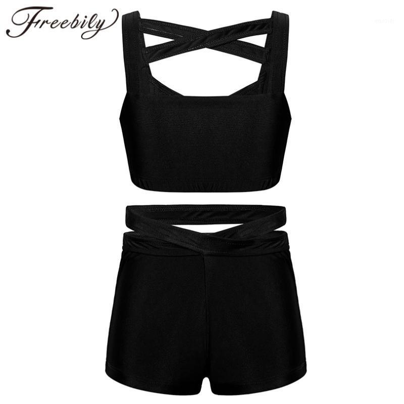 

Kids Girls Solid Color Strappy Cross Front Sleeveless Tank Top Dance Shorts Workout Fitness Gym Yoga Set Sports Suits Activewear1, Black