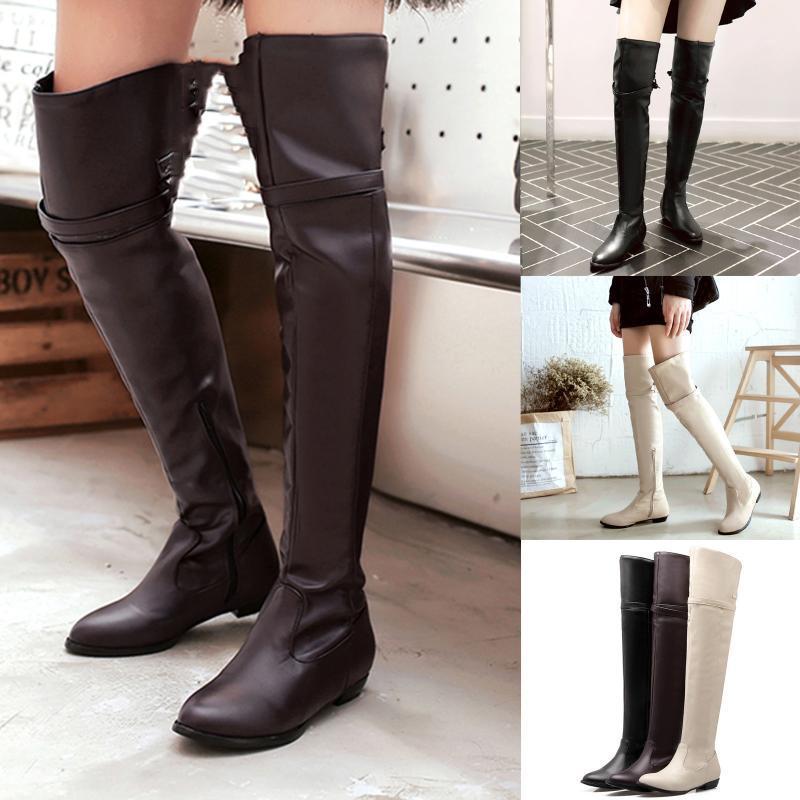 

2020 Women Over The Knee Boots Autumn Winter Round Toe Women Shoes Pu Square Heels Long Boots Fashion Botas Size 35-43 New1, Black