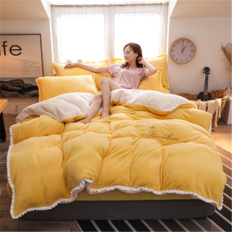 

New magic velvet Fleece bedding set 4pcs stripe duvet cover flat fitted sheet pillowcase flannel winter warm bed linen