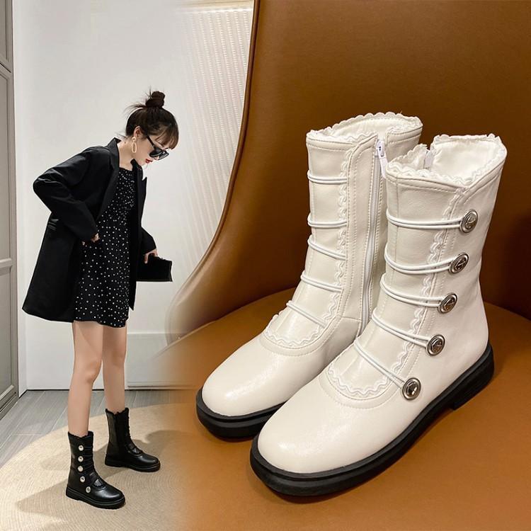 

Buckle New Winter British-style Motorcycle Gothic Ankle Boots Women's Shoe Plus Size 33-46 Exnp, Beige with plush.