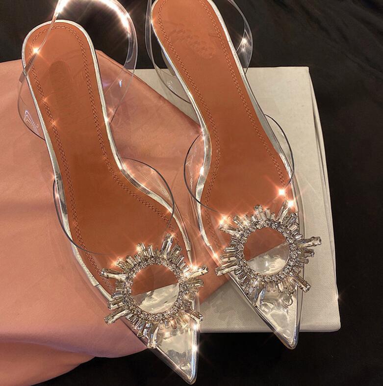 

Transparent Pointed Toe Crystal Cup Women PVC Clear Sandals Sexy Stiletto Heels Open Toe Summer Shoes Women Heels Size 40, Flat