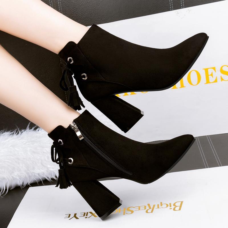 

2020 Women 8cm High Heels Fetish Boots Fashion Thick Block Heels Luxury Winter Snow Ankle Boots flock Chunky Plush Warm Shoes1, Black
