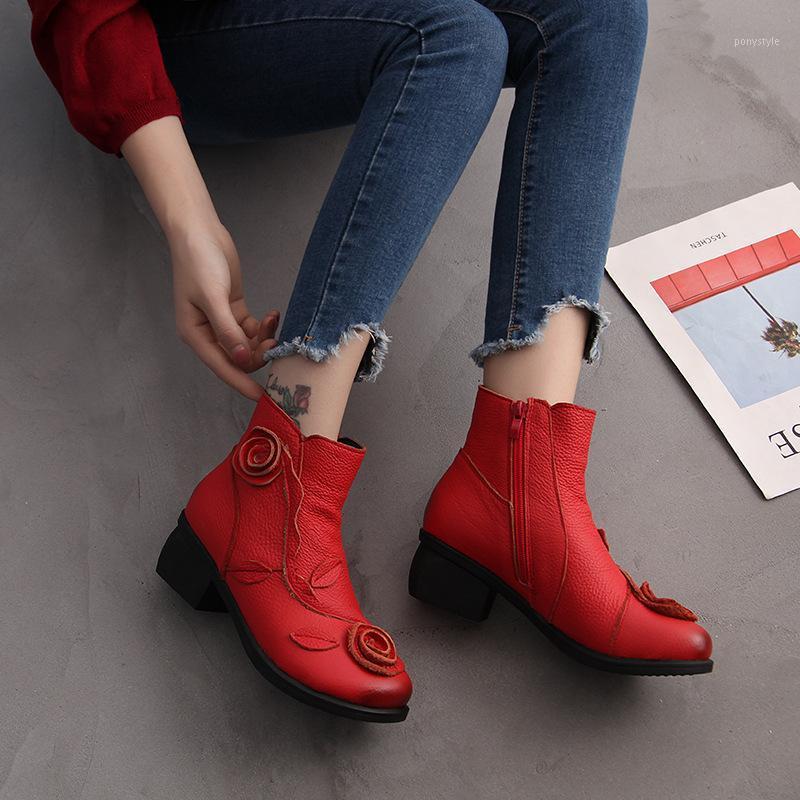 

Ankle Boots Women Genuine Leather Retro Flower Short Boots Autumn Winter Black Red Heels Platform Warm Booties Shoes For Women1