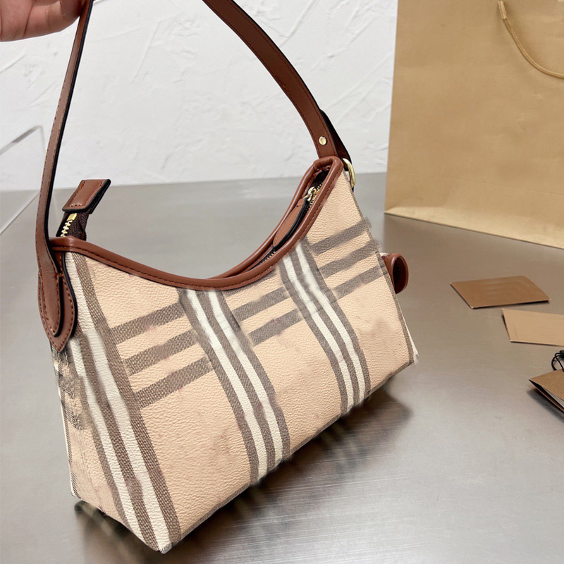 

Two-tone Plaid Shoulder Bag Underarm Bags Women Checks Handbag Tote Leather Canvas Patchwork Hobos Ladies Baguette Pouch Brown Strap Totes, Beige