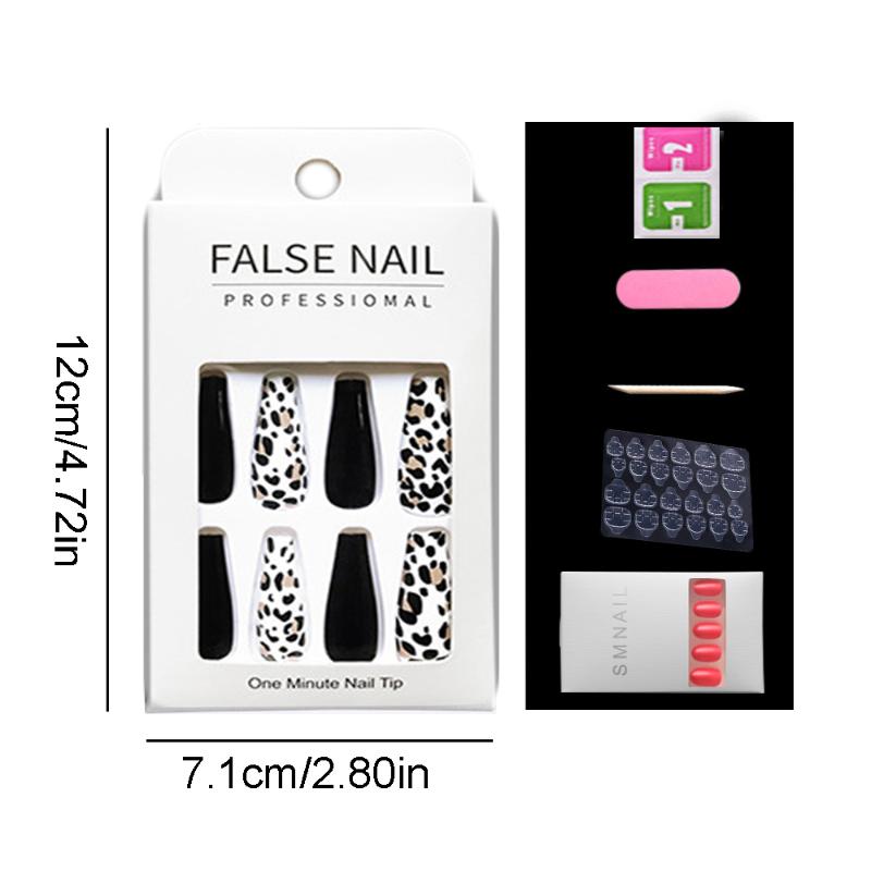 

24 piecesset leopard print fake nails extra long coffin fake nails elegant shiny fluorescent acrylic nail tips manicure tool, Style 2