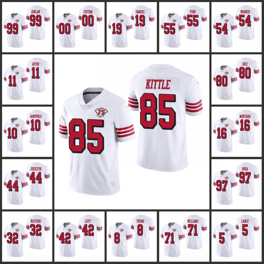 

San Francisco''49ers''Men #10 Jimmy Garoppolo 97 Nick Bosa 85 George Kittle 5 Trey Lance Women Youth Custom White Throwback Limited 75th Anniversary Jersey