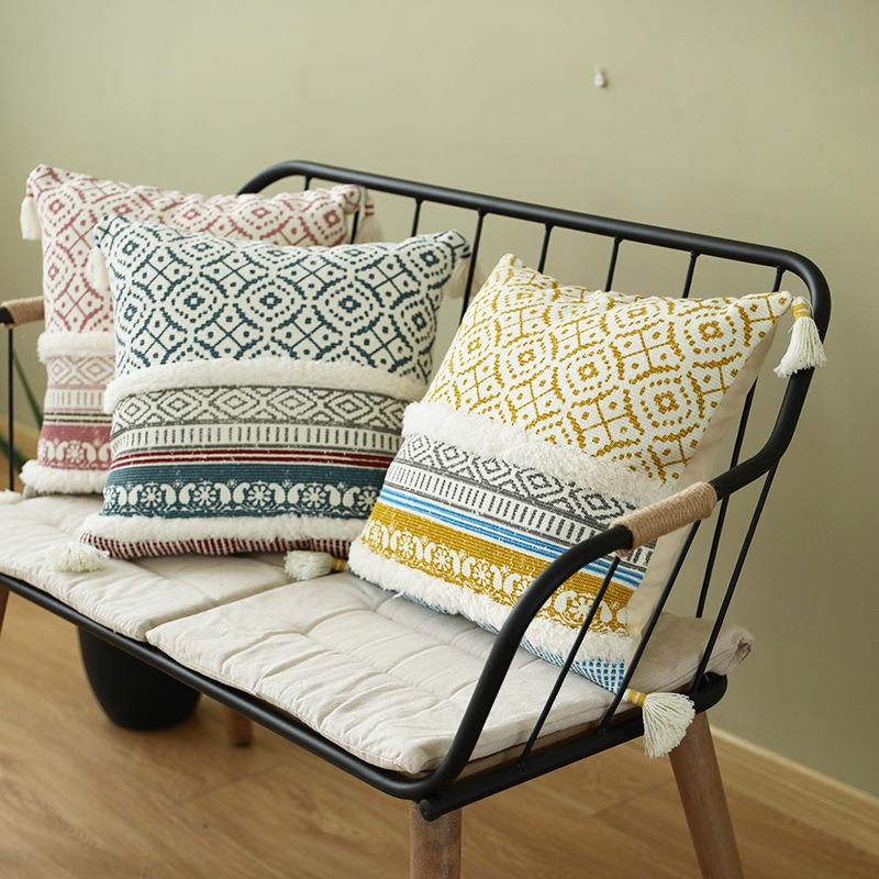 

Pink Yellow Navy Handmade Geometric Embroidery Pillow Cover Tassels Home Decor Cushion Cover Sofa PillowCase Pillow Sham 45x45cm, Inner pillow