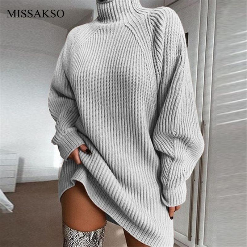 

Missakso Casual Knitted Dress Sweater Oversized Solid Warm Long Sleeve Loose Autumn Winter Elegant Women Mini Turtleneck Dresses, Dark grey