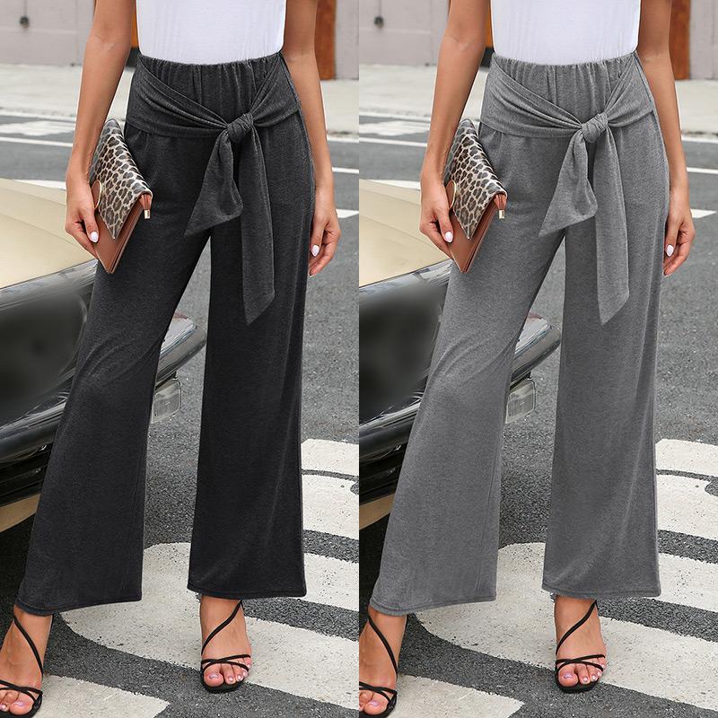 

Woman Casual Elastic Wide Leg Pants High Waist Long Pant Tie Loose Trousers, Gray