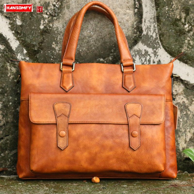 

New Vegetable Tanned Leather Handbag Men Briefcase 15.6 Inch Laptop Bag Cowhide Men's Shoulder Messenger Bags Schoolbag Male, Brown
