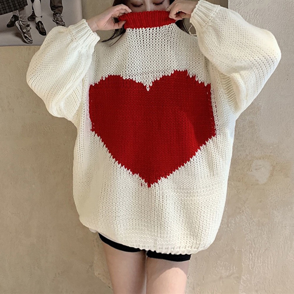 

2021 Jersey New Fall-girl Style Frizzy Pullover Jacquard Heart Mesh Jumper Casual Pull Femme Loose Sweet Mici, White