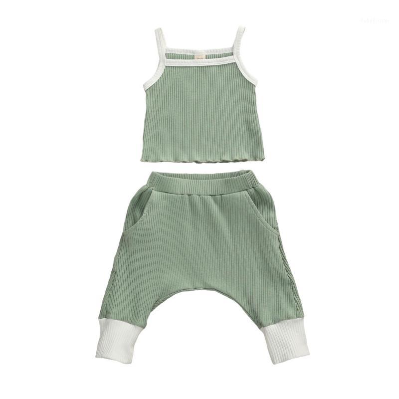 

6M-3Years Kid Baby Girl Boy Outfits Cute Infant Sleeveless Sling Crop Top Pocket Pants Ribbed Clothes Set 0-3Y1