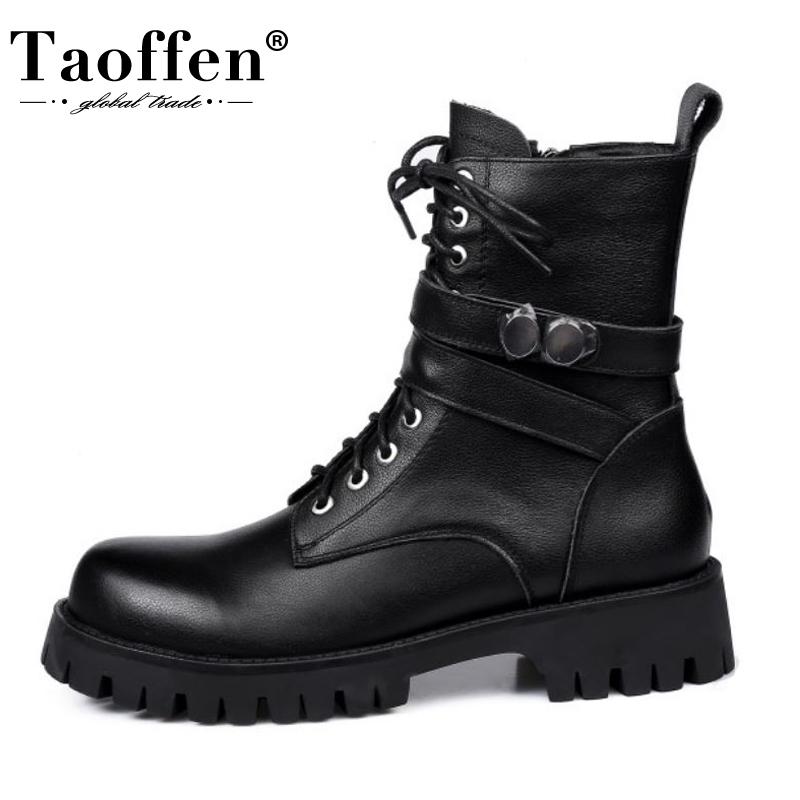 

TAOFFEN Real Leather Women Ankle Boots Round Toe Flats Zipper Shoes Metal Decoration Women Party Winter Footwear Size 34-39, Black with fur