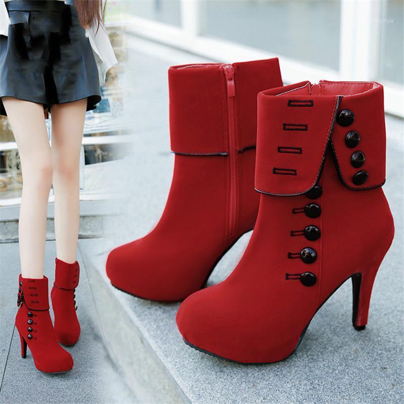 

2020Fashion Women Ankle Boots High Heels Fashion Red Shoes Woman Platform Flock Buckle Boots Ladies Shoes Female1