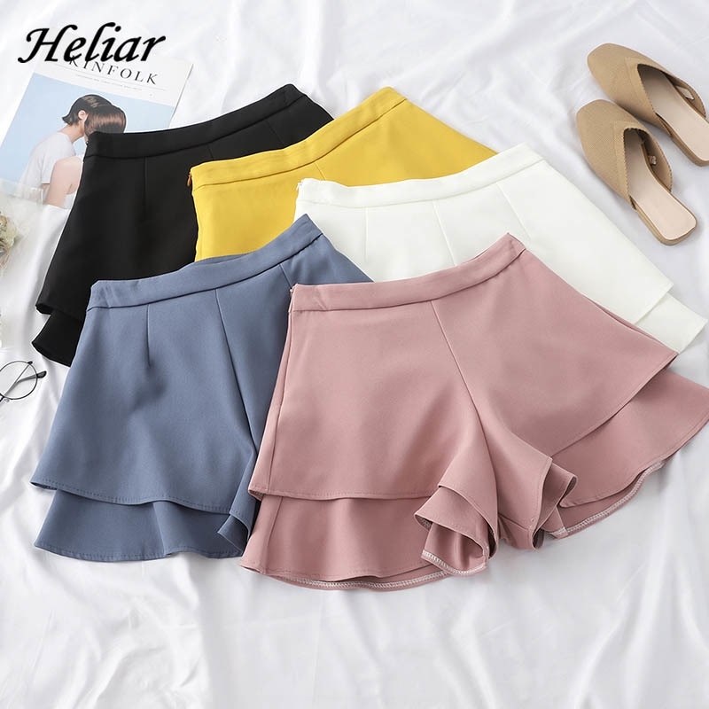 

HELIAR Spring Women Shorts Femenino Elegant Ruffled Wide Leg Elastic Band Loose Hot Short Casual Summer Femme Shorts Y200403, Yellow