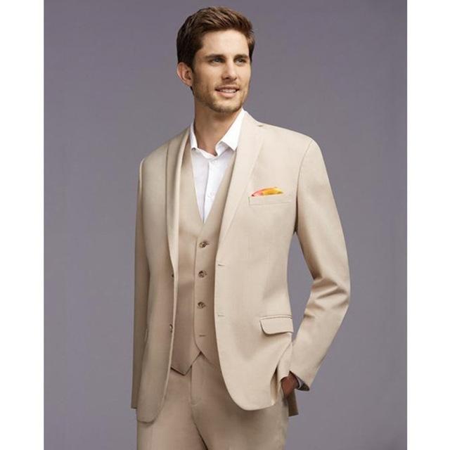 

2020 Beige Mens Wedding Suits Custom Made Prom Party Groom Tuxedos 3 Piece Set Slim Fit Business Male Suit (Blazer+Vest+Pants