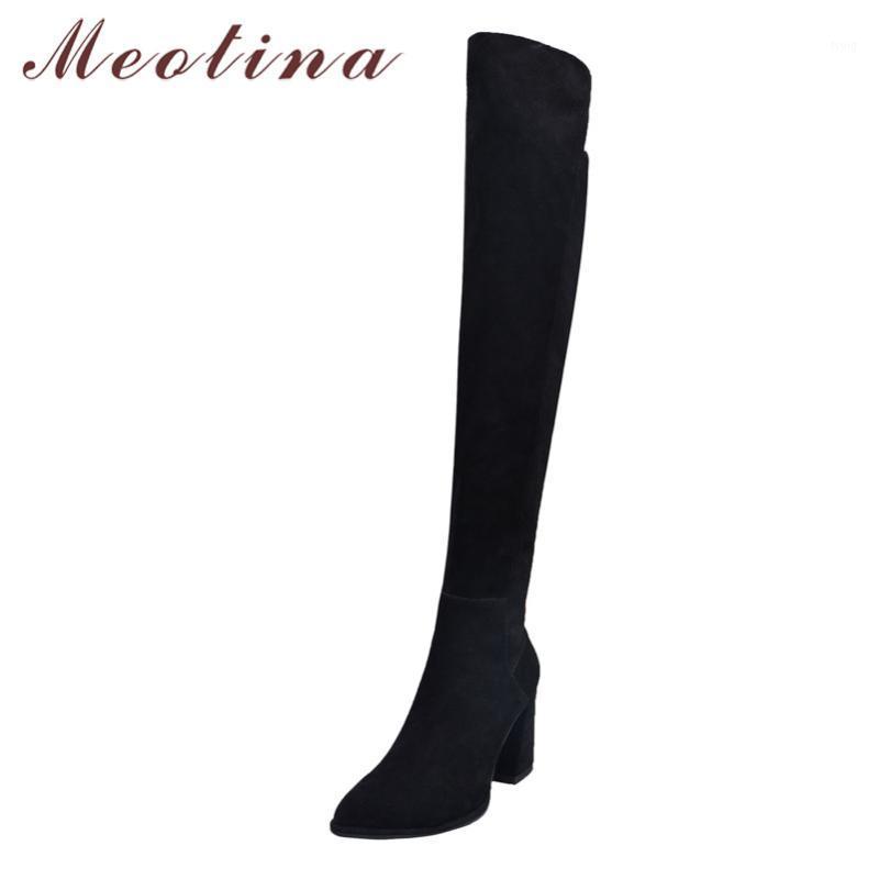 

Meotina Winter Thigh High Boots Women Cow Suede Chunky Heel Over The Knee Boots Zipper Super High Heel Shoes Lady Autumn Size 391, Black ynthetic lini
