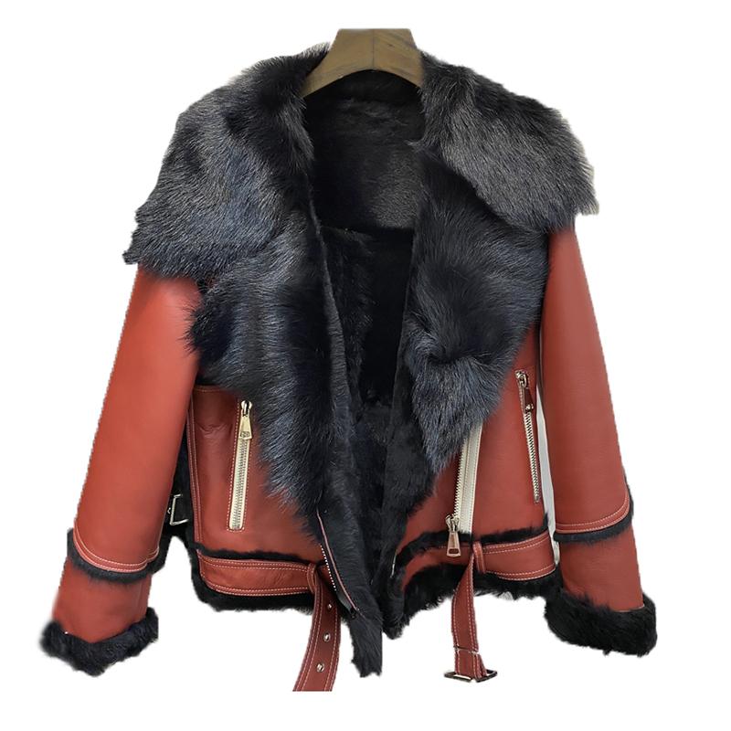 

Real Leather And Fur Jacket For Women Winter Coats Genuine Sheepskin Leather Jacket Sheep Fur Liner Loose Size Female Warm Outwe, Orange