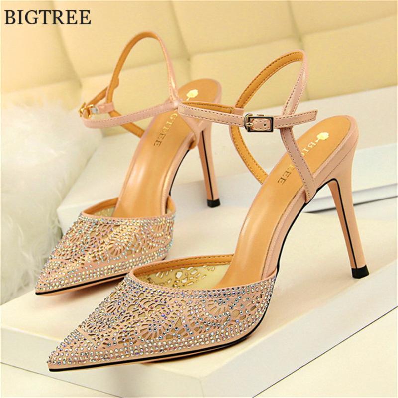 

Sexy Mesh Hollow Rhinestones Sandals New Women Fashion High Heels Ankle Buckle Ladies Sandal Pointed Crystal Party Wedding Shoes, Black