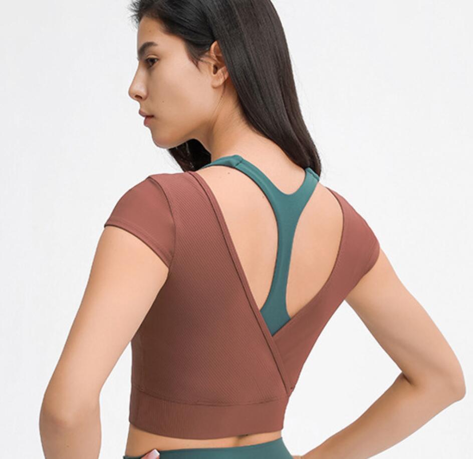 

Thread Yoga Short Sleeve Women Tops shirt V-shaped Cross Back Outdoor Sports Fitness Top Solid Color Sexy Fashion Running Shirts T-shirt, Brown
