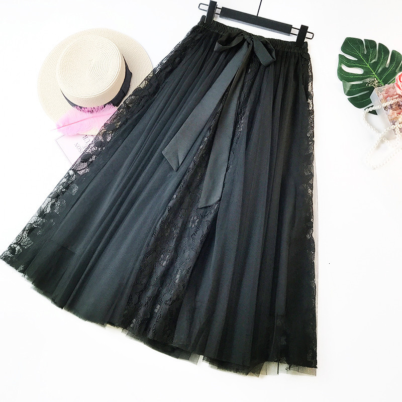 

2021 New Spring Mesh Korean Oversized Lace Long Women Skirt Elegant Bow Patchwork Hollow Out Ball Gown Pleated Skirts Ulb3, Black
