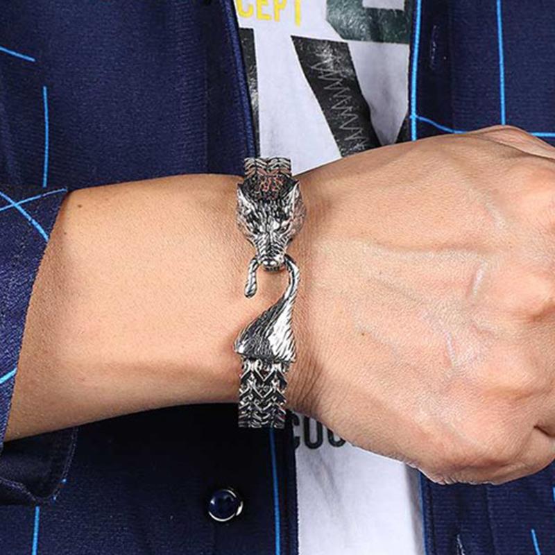 

12mm Stainless Steel Curb Cuban Link Chain Wolf Head Bracelets for Men Punk Jewelry Trendy Male Wristband Christmas Gift GL0010