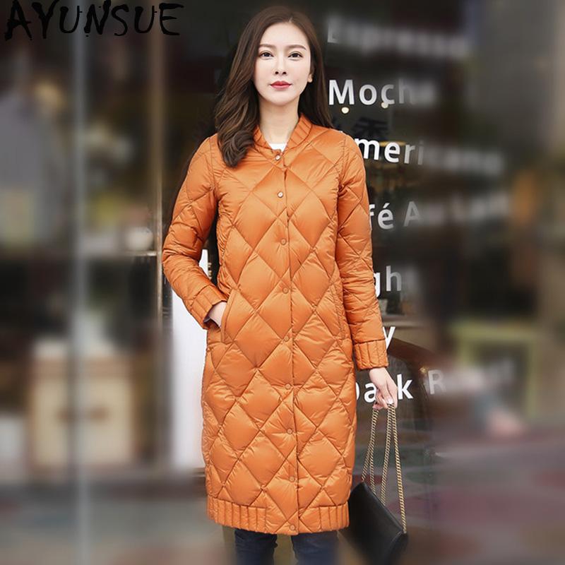 

AYUNSUE Long Ultra Light Down Jacket Women Autumn Winter Puffer Coat Korean Clothes for 2020 Casacas Para Mujer 8728 KJ3082, Orange