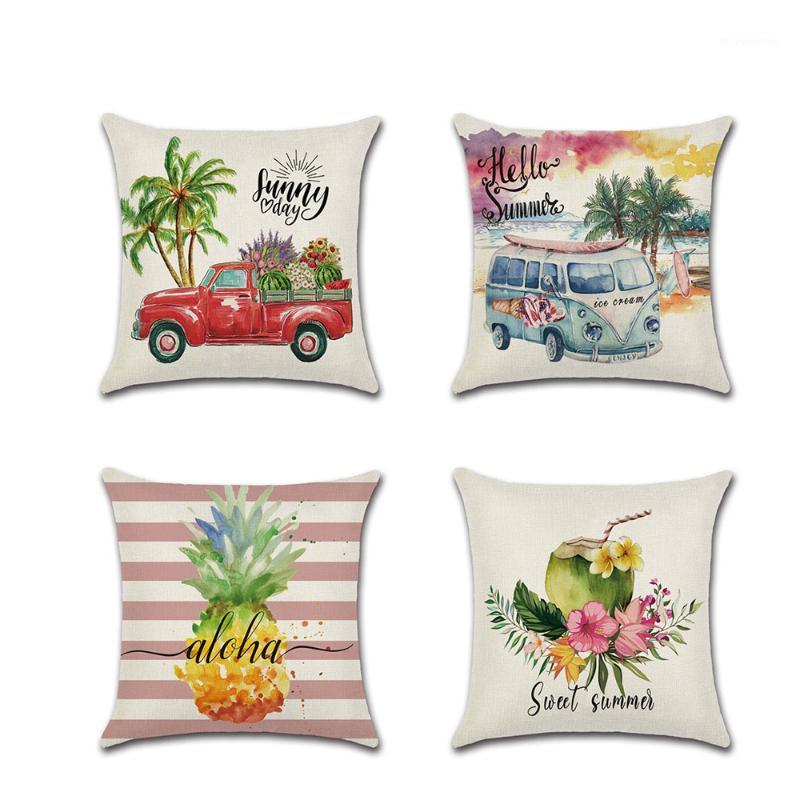 

Summer Theme Linen Cushion Cover Pineapple Coconut Linen Pillow Case Car Pattern Pillowcase 45*45cm1, Summer-4
