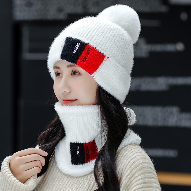 

Daisy Flower knitted hat women's autumn&Winter Hat Plush thickened Hat&scarf 2sets outdoor Korean fashion, Khaki