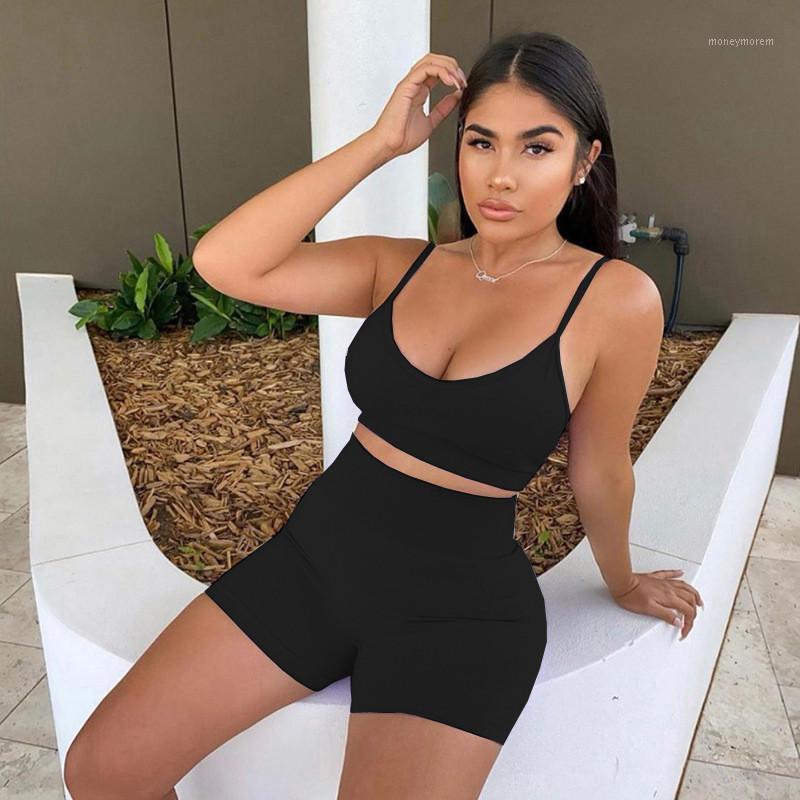 

2Pcs/set Sexy Women Sleeveless Strap Bra Bustiers Tank Vest Crop Tops High Waist Shorts Pants Trousers Tracksuit Summer new1, Black