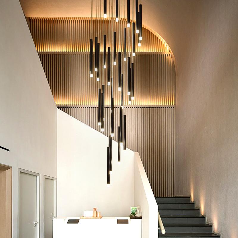 

New LED Chandelier Lighting Modern for Staircase Living Room Dining Industrial Pendant Lamp Loft Villa Black Long Downlight