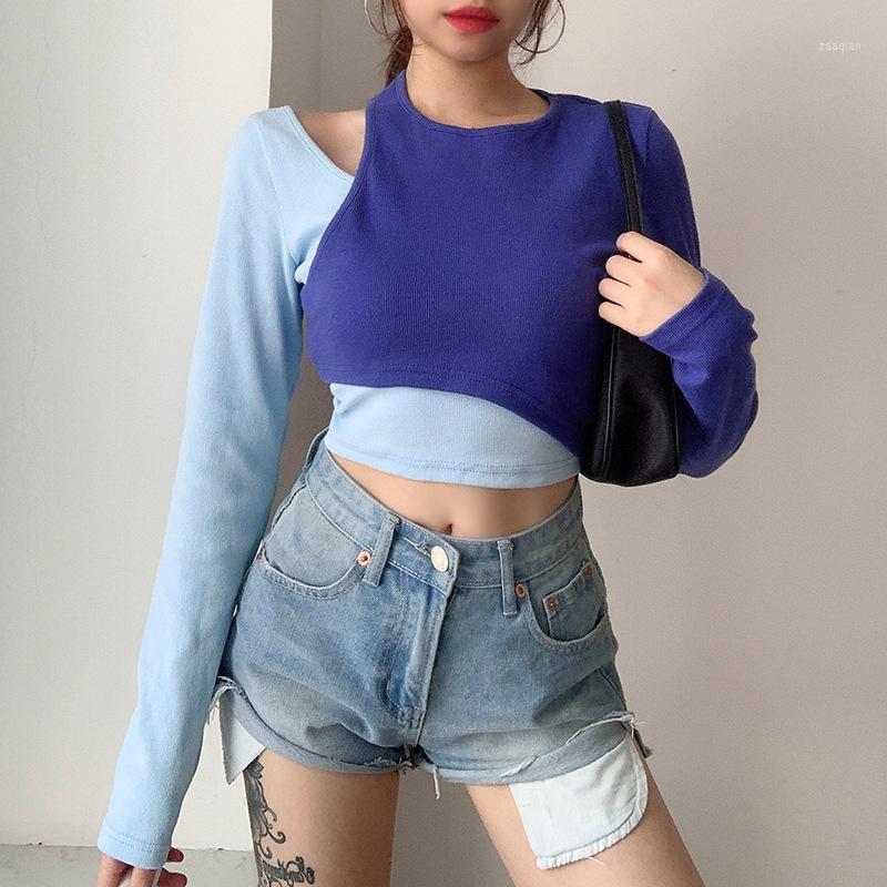 

Irregular Fashion Women T-shirt 2020 Autumn Lady Blue Basic Pactchwork Hollow Out Long-sleeve O Neck Short-length Tshirt Top1