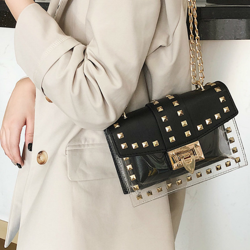 

2020 Fashionable Rebite New Shoulder Bag in Wild Herald Messenger's Transparent Chain Small Square Y7n0, Pink.