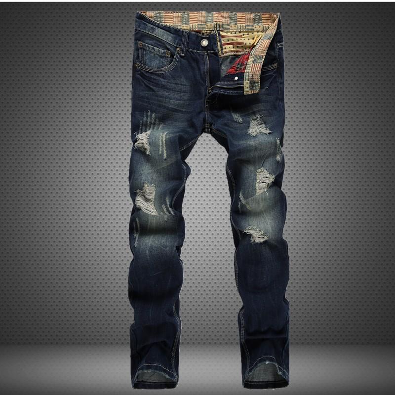 

Men's Jeans Frayed Hole Straight Trousers European and American Foreign Trade Nostalgic Washed Denim Men's Trousers, Nostalgic blue