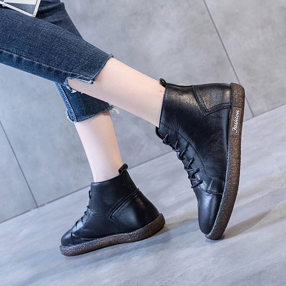 

Soft Ankle Snow Boots Cowhide Leather Women Flat Platform Short Boots Ladies Shoes Fashion Autumn Winter #oK5n, Black