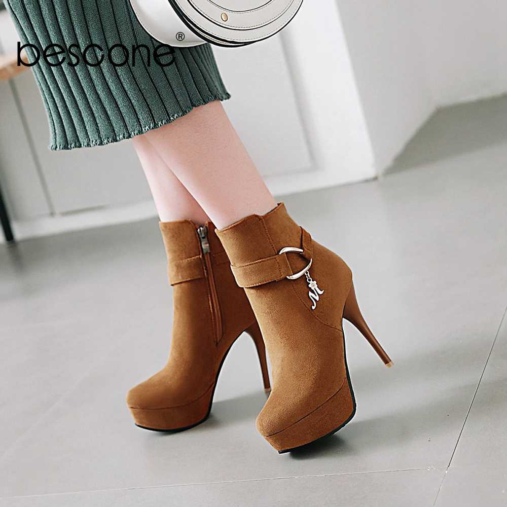 

BESCONE Winter Women Mid-Calf Boots Comfortable Suede Handmade Super High Heel Shoes New Round Toe Solid Warm Ladies Boots BM277, Black