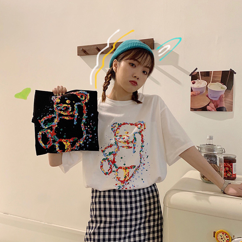 

2021 New 2 colors summer color imprint bear short sleeve women's female t-shirt tops (sy6680) VYJL, Black
