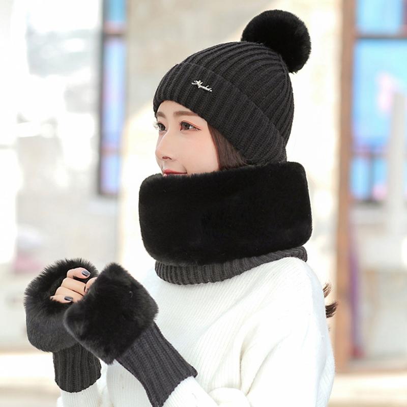 

Women Winter 3 Pieces Beanie Hat Infinity Circle Scarf Fingerless Gloves Set Solid Color Crochet Knit Plush Lined Pompom