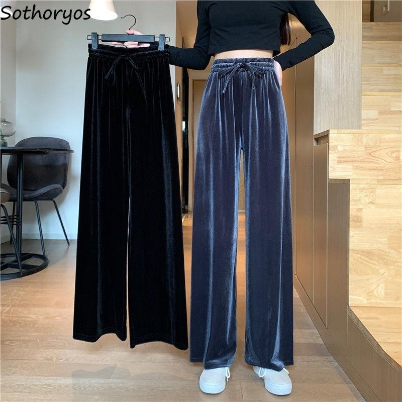 

Pants Women Fashion Simple Korean Style All-match Full-length Wide Leg High Waist Elastic Trousers Thickening Lace-up Streetwear, Regular black