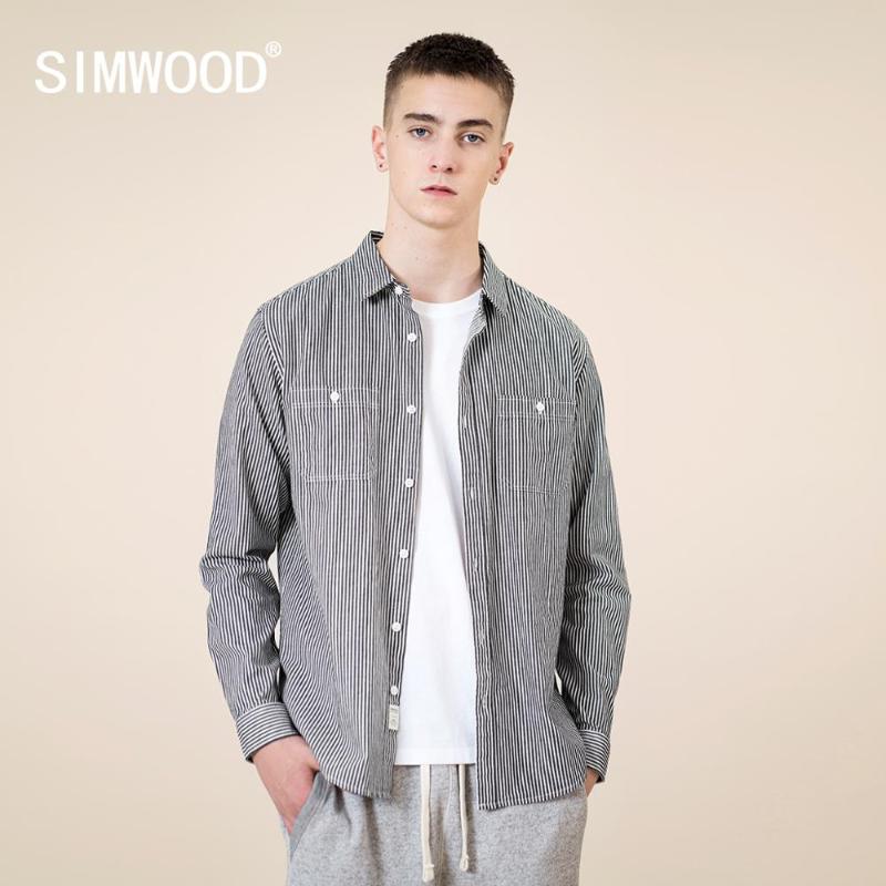 

SIMWOOD 2020 Autumn Winter New Vertical Striped Shirts Men 100% Cotton Double Chest Pockets Plus Size Brand Clothing SJ131185, Black white striped