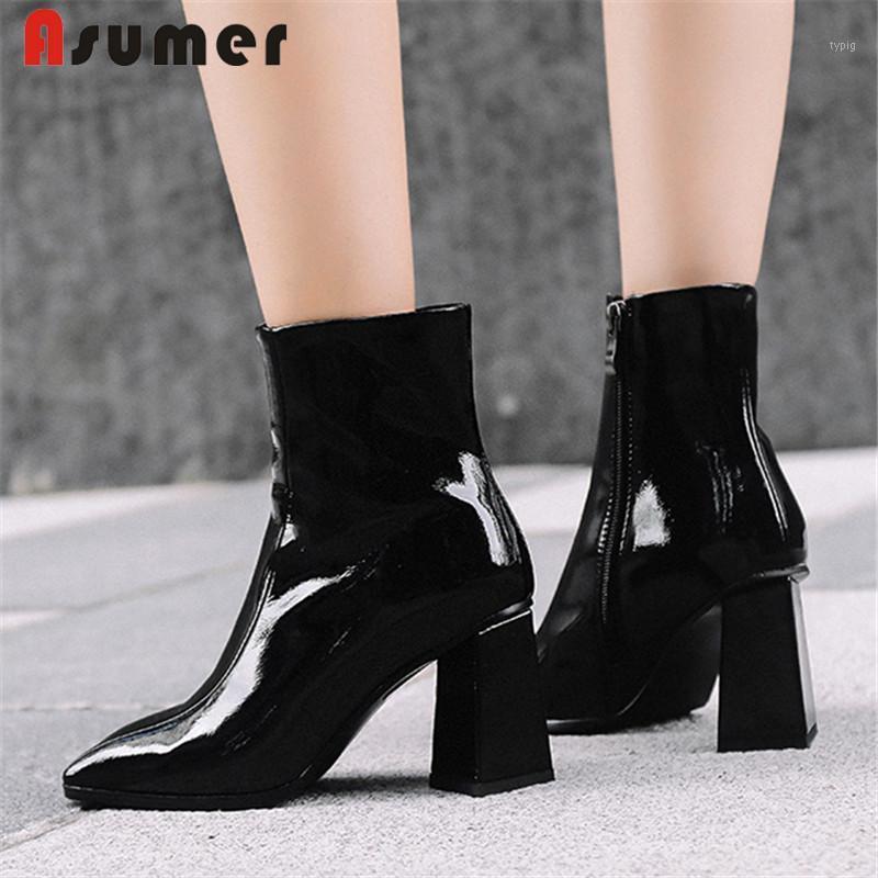 

ASUMER 2020 new genuine leather boots women square toe thick high heels shoes ankle boots elegant ladies autumn winter1, Black