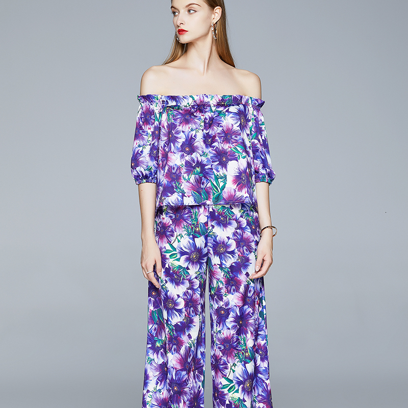 

2021 New Purple Floral Autumn Printed 2 Piece Defines Woman Slash Neck Puff Mangoes Tops and Loose Leg Pants Broad Design Track F0ns, Lavender