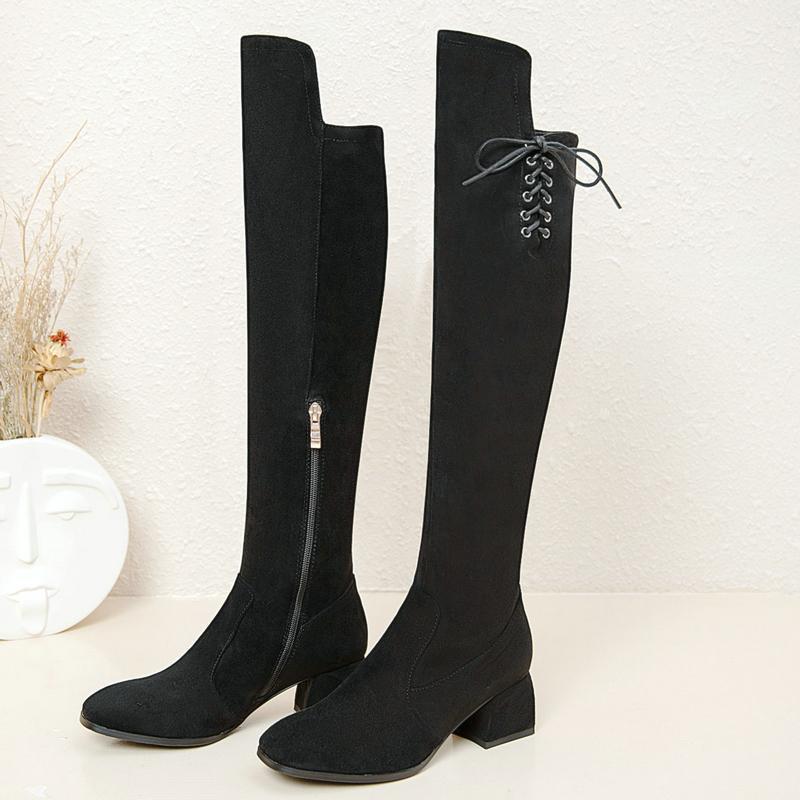 

2020 Fashion Autumn Winter Knight Boots Women Med Comfort Square Zipper Black Knee High Boots for Women Wide Calf Plus Size 431