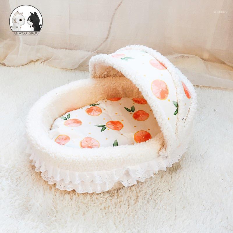 

Princess Pet Bed Sweet Lace Fruit Print Dogs Basket Soft Material Sleeping Dog House Cute Cat Nest Pet Cushion Puppy Kennel New1, Orange